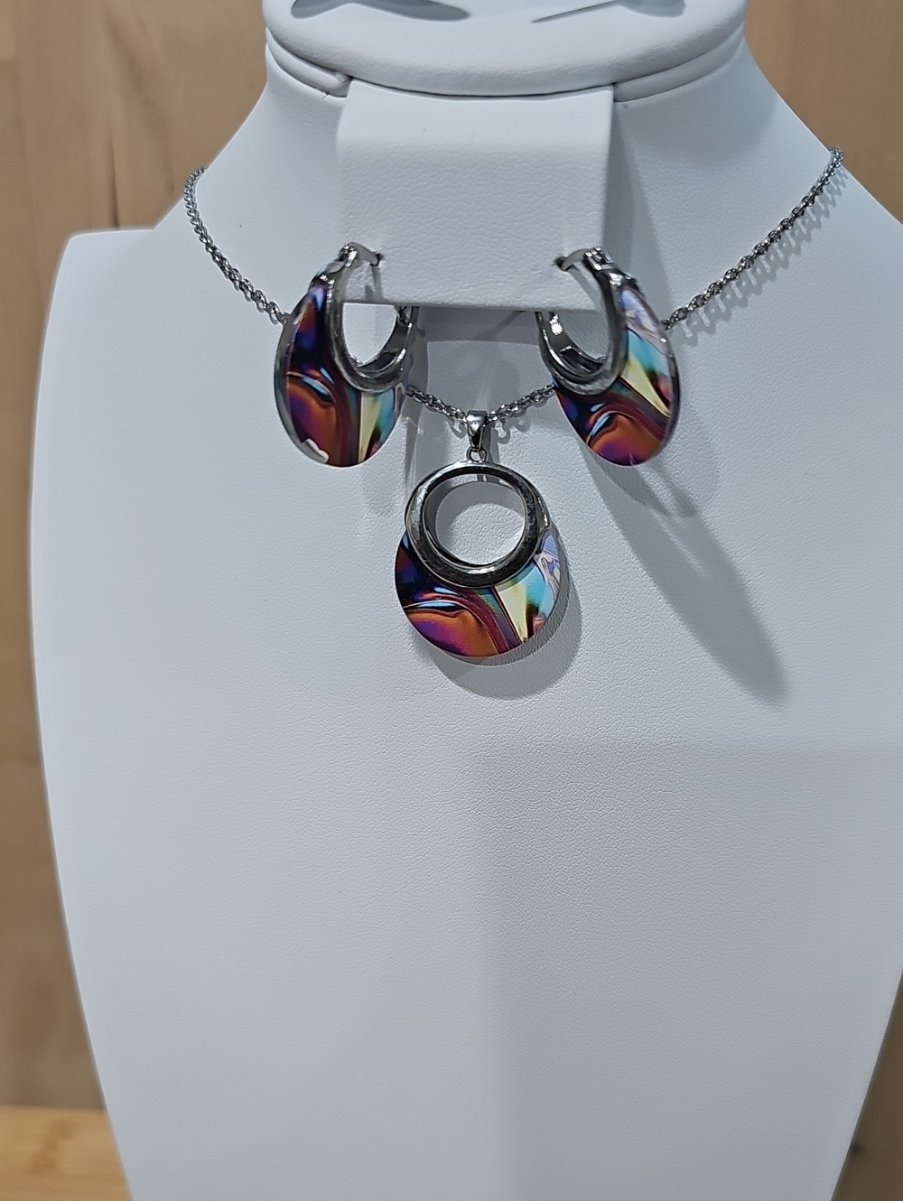 Multicolor Glass Swirl Pendant Necklace & Earring Set - Stainless Steel